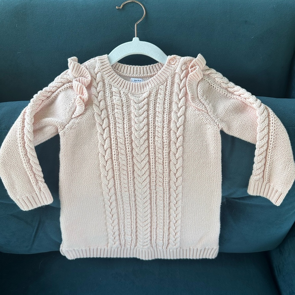 Pink Cable Knit Sweater with Ruffle Sleeves